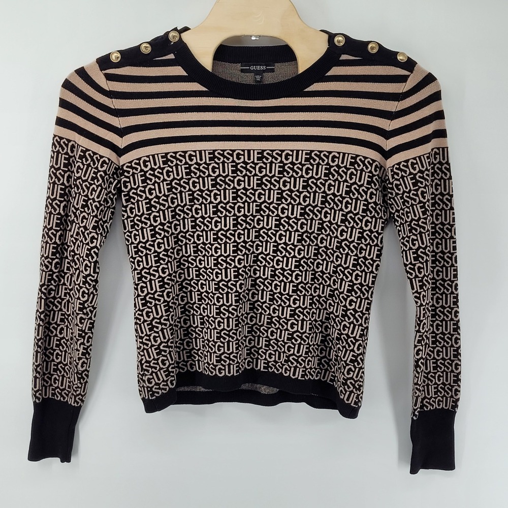 Guess Sweater Womens XXL Black Tan Striped Logo Gold Button Shoulder R2YR03Z34Q0